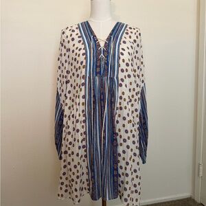 Free People Blue and Brown Long Sleeve Dress